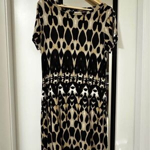 Calvin Klein Brown/Beige/Black Animal Print Boat-Neck Short Sleeve Midi Dress